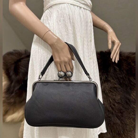 Unique Cats Print Pebble Cowhide Handmade Large Ball Kisslock Handbag, Multi Use - Picture 7 of 16